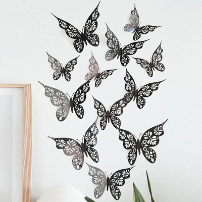 12 gab 3D dobu tauriņu sienas dekors 3 izmēri tauriņu dekors dobu grebumu tauriņu izsmalcināta dizaina ballīšu kūku dekorācijas