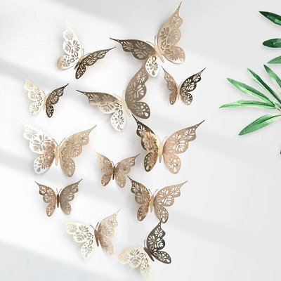 12 gab 3D dobu tauriņu sienas dekors 3 izmēri tauriņu dekors dobu grebumu tauriņu izsmalcināta dizaina ballīšu kūku dekorācijas