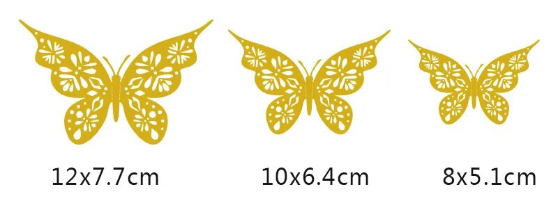 12 gab 3D dobu tauriņu sienas dekors 3 izmēri tauriņu dekors dobu grebumu tauriņu izsmalcināta dizaina ballīšu kūku dekorācijas