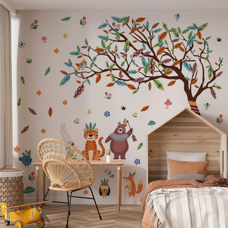 6gab. Tong Forest Animal Tīģeris Lācis Liels Koks Sienas Uzlīme Bērnudārza Bērnu istabas fona dekoratīvā sienas uzlīme Ms7021