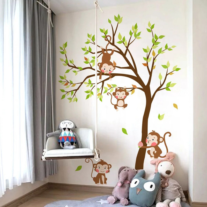 6db Rajzfilm erdei állat majom fa fali matricák gyerekszoba óvoda dekoratív háttér falfestmény falmatrica Ms571