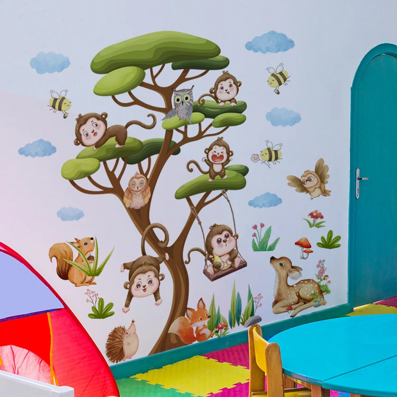 4gab Karikatūra Dzīvnieks Pērtiķis Pūce Meža Koks Sienas Uzlīme Bērnu Istaba Bērnudārza Apdares Tapetes Mājas Iekārtojums Ms2349