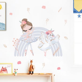 Καρτούν ροζ μπαλαρίνα κορίτσι μονόκερος ουράνιο τόξο αυτοκόλλητα τοίχου για παιδικό δωμάτιο Διακόσμηση δωματίου για κοριτσάκια Διακοσμήσεις τοίχου Αυτοκόλλητα τοίχου Εσωτερικό δωματίου