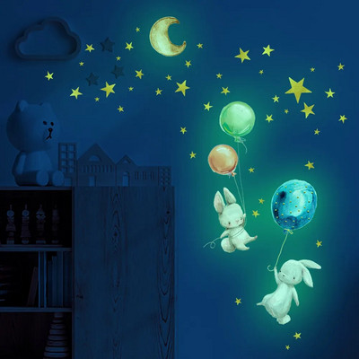 Rajzfilm nyuszi léggömb világító falmatricák sötétben világító tapéta gyerekeknek nappali nappali óvoda otthoni dekorációs matricák