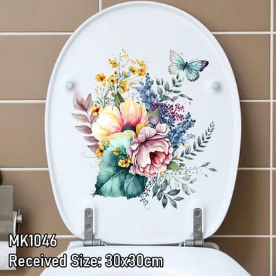 Акварел, ръчно рисувани флорални божури, зелени растения, пеперуди, стикер за стена, стикери за баня, тоалетна, самозалепващ се стенопис