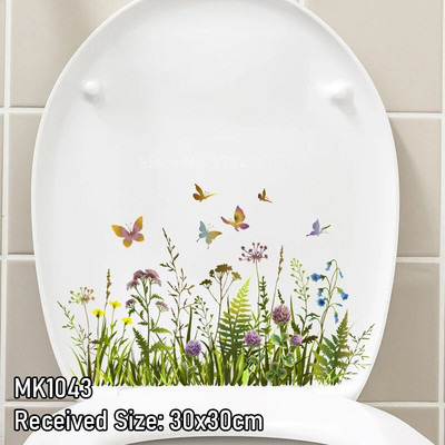 Акварел, ръчно рисувани флорални божури, зелени растения, пеперуди, стикер за стена, стикери за баня, тоалетна, самозалепващ се стенопис