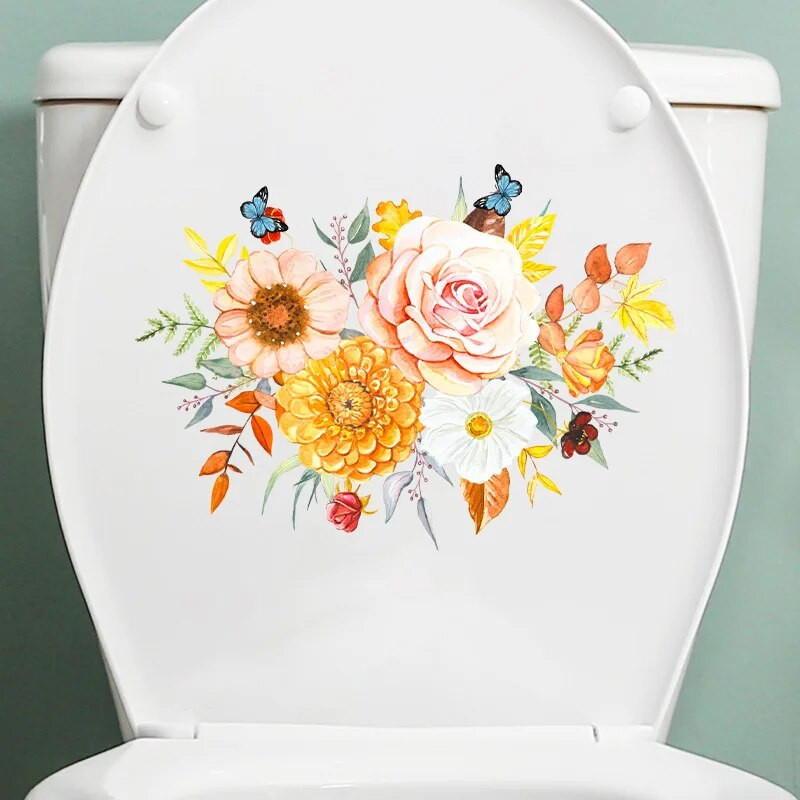 Акварел, ръчно рисувани флорални божури, зелени растения, пеперуди, стикер за стена, стикери за баня, тоалетна, самозалепващ се стенопис