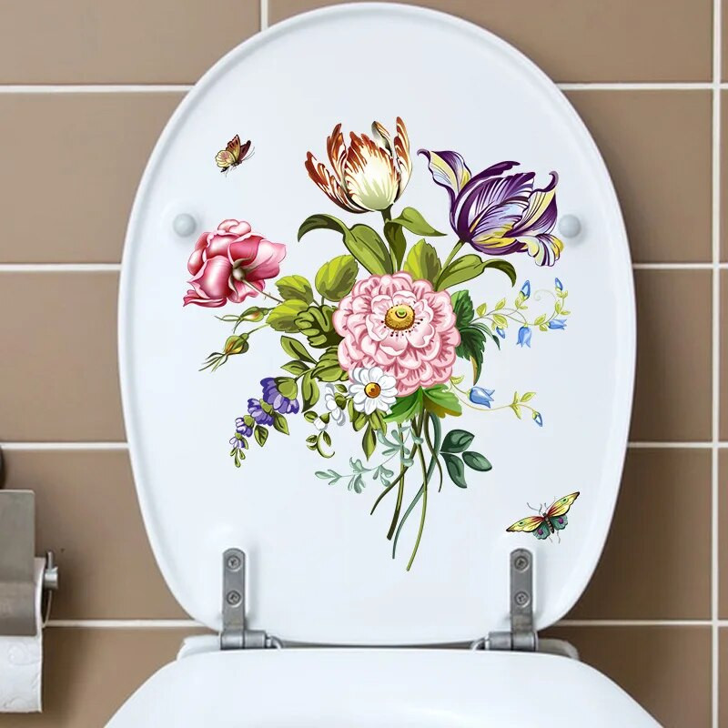 Акварел, ръчно рисувани флорални божури, зелени растения, пеперуди, стикер за стена, стикери за баня, тоалетна, самозалепващ се стенопис