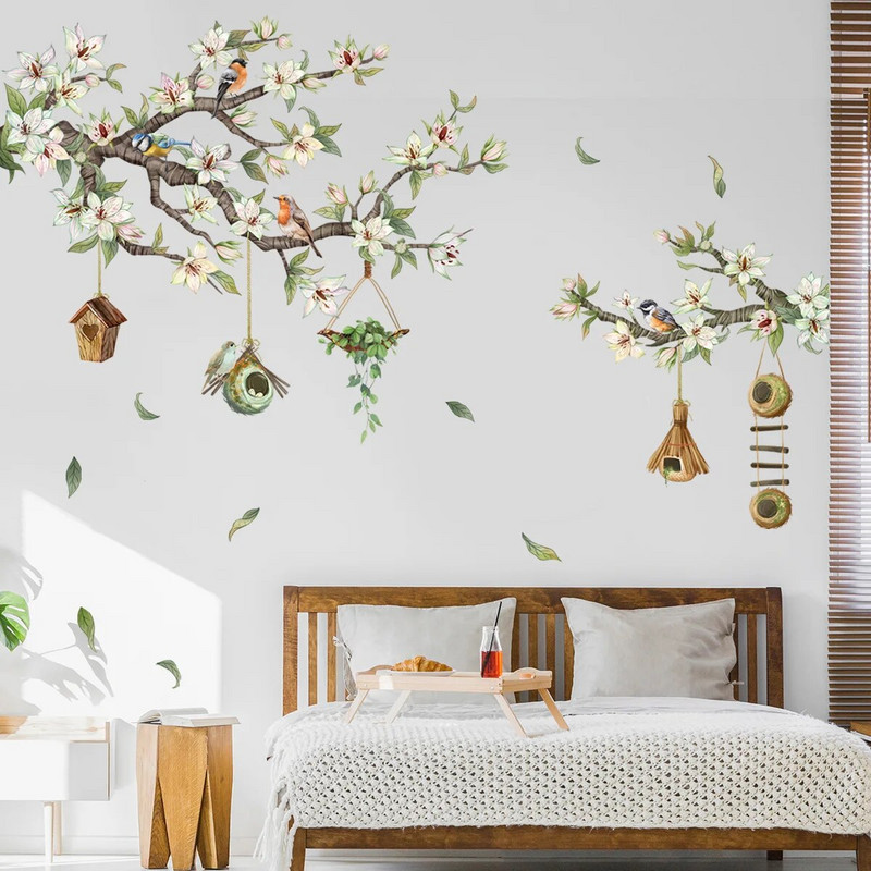 2τμχ φυτά κλαδιά Λουλούδια Πουλιά Φυλλοβόλα αυτοκόλλητα τοίχου Σαλόνι Υπνοδωμάτιο Φόντο τοίχου σπιτιού Διακοσμητικό αυτοκόλλητο τοίχου Ms6316