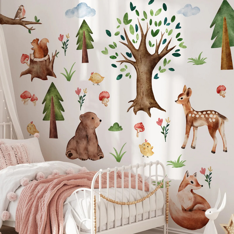 4gab Liela meža multfilma Dzīvnieks Liels Koks Sienas Uzlīmes Dzīvojamā istaba Guļamistaba Mājas Fons Dekoratīvs sienas gleznojums Ms7504