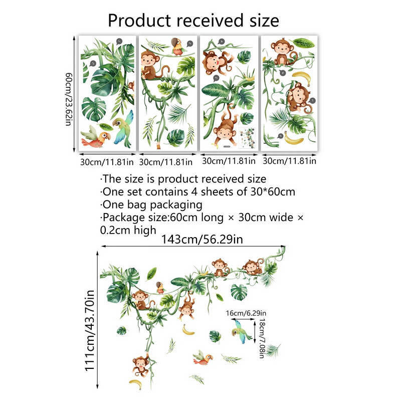 4gab Karikatūra Meža dzīvnieks Pērtiķis Vīnogulāju Sienas Uzlīmes Bērnu Istaba Bērnudārzs Dekoratīva fona Sienas Uzlīme Ms1697