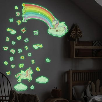 Καρτούν Rainbow Unicorn Φωτεινά αυτοκόλλητα τοίχου Glow In The Dark Butterfly Αυτοκόλλητα για παιδικά δωμάτια Διακόσμηση σπιτιού Φθορίζοντα αυτοκόλλητα