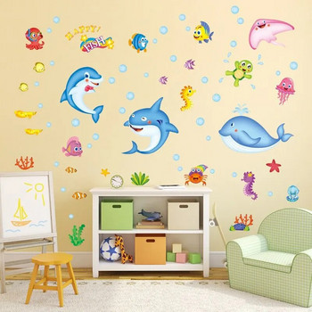 Карикатура Подводен свят Кит Стикер за стена Риба Стикери за стена за детски стаи Стая за момчета Животни Стикери за стена Къща Забавен декор