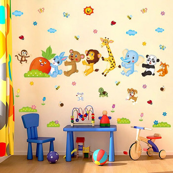 Карикатура, момче, момиче, детска стая, самозалепващи се стикери за стена, щастливи животни, дърпайте репички, бебешка спалня, детска стая, винилови подвижни стикери