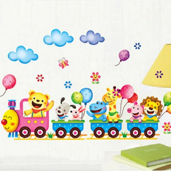 Cartoon Cute Animals Train Balloon DIY Αφαιρούμενα αυτοκόλλητα τοίχου για κορίτσια Διακόσμηση σπιτιού Υπνοδωμάτιο Τοιχογραφία Decal Ντουλάπα τέχνης Διακόσμηση