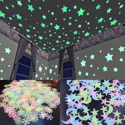 50/100 бр. 3D звезда и луна Светещи стикери за стена Декорации за дома Флуоресцентно светещи в тъмното за деца Декорация на стена за всекидневна