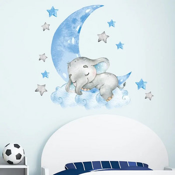 1PC Карикатура Сладък спящ слон Стикер за стена за Blue Moon Cloud Stars Детска стая Детска градина Декорация на дома PVC
