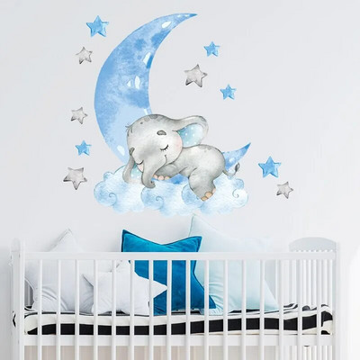 1Gb multfilma, mīļa guļoša ziloņa sienas uzlīme Blue Moon Cloud Stars bērnu istabas bērnudārza mājas dekorēšanai PVC