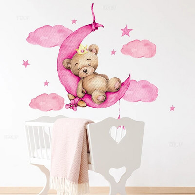 BRUP Pink Sweet Sleeping Bear Falimatricák Felhők Csillagok Falmatricák Baba óvodai dekoráció Nappali Hálószoba matricák