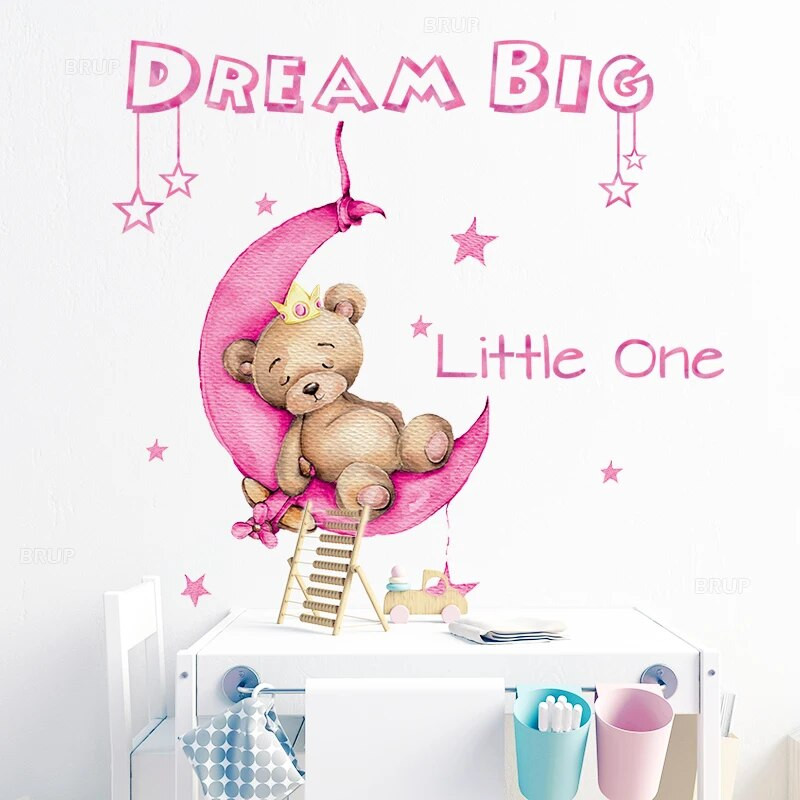 BRUP Rozā Sweet Sleeping Bear Sienas uzlīmes Mākoņi Zvaigznes Sienas Uzlīmes Bērnu istabas dekorēšana Dzīvojamās istabas Guļamistabas uzlīmes