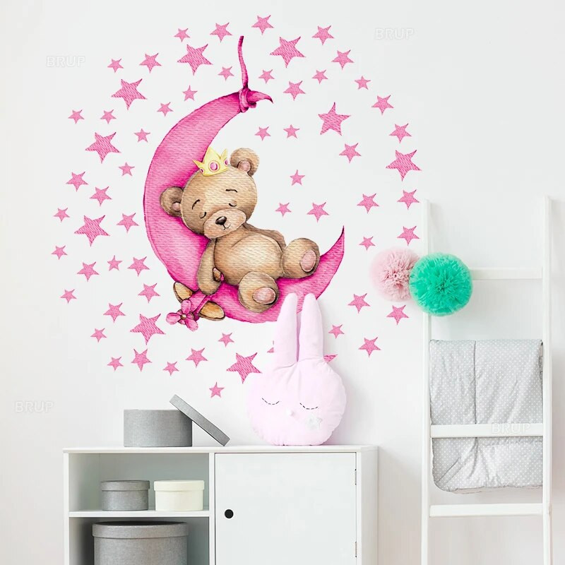 BRUP Rozā Sweet Sleeping Bear Sienas uzlīmes Mākoņi Zvaigznes Sienas Uzlīmes Bērnu istabas dekorēšana Dzīvojamās istabas Guļamistabas uzlīmes