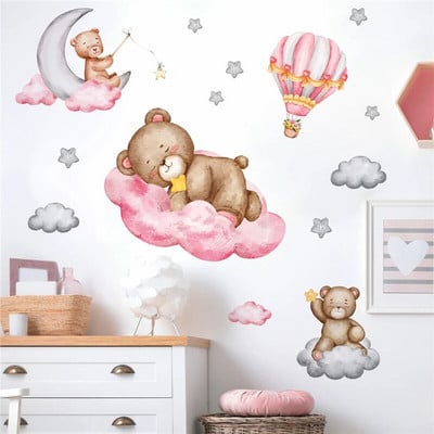 Animaciniai filmukai Pink Bear Sienų lipdukai Karšto oro balionas Mėnulis Žvaigždės Mergaitės Kūdikių Kambarys Darželis Dekoratyviniai sienų lipdukai Vaikų kambario sienų lipdukai