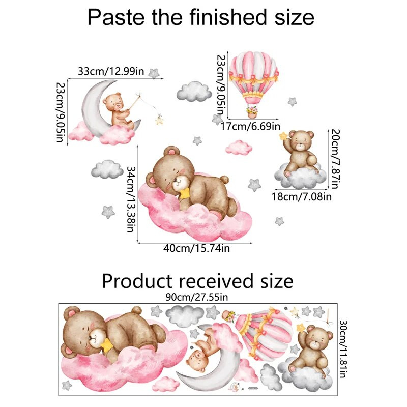 Multifilm Roosa karu seinakleebised Kuumaõhupalli Kuu tähed Tüdrukutele Beebituba Lastetuba Dekoratiivsed seinakleebised Lastetoa seinakleebised