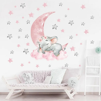 Анимационни розови слончета Стикери за стена Балон с горещ въздух Стикери за стена Бебешка детска стая Декоративни стикери Луна и звезди за момиче