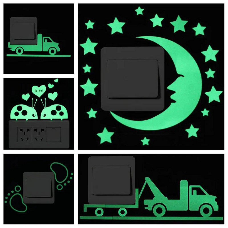 Šviečiantis animacinio filmo jungiklio lipdukas Švyti tamsoje katė Lipdukas Fluorescencinis fėja Mėnulis Žvaigždės lipdukas Vaikų kambario apdaila Namų dekoras