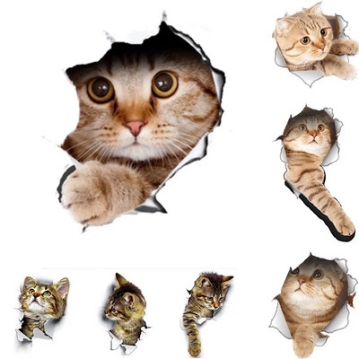 Macskák 3D fali matrica WC matricák lyuk nézet Élénk kutyák Fürdőszoba otthoni dekorációhoz Állatok Vinil matricák Művészet tapéta poszter