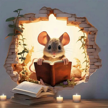 Αυτοκόλλητο τοίχου M736 Mouse Hole, Αυτοκόλλητο βινυλίου Mouse Book Lover\'s, Διακόσμηση ανάγνωσης με ποντίκι, Cute Mouse in a Hole, Αυτοκόλλητο ποντικιού