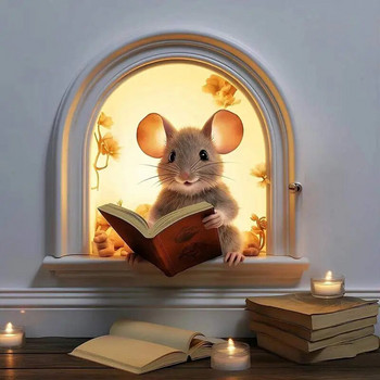 Αυτοκόλλητο τοίχου M736 Mouse Hole, Αυτοκόλλητο βινυλίου Mouse Book Lover\'s, Διακόσμηση ανάγνωσης με ποντίκι, Cute Mouse in a Hole, Αυτοκόλλητο ποντικιού