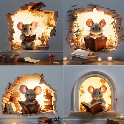Αυτοκόλλητο τοίχου M736 Mouse Hole, Αυτοκόλλητο βινυλίου Mouse Book Lover`s, Διακόσμηση ανάγνωσης με ποντίκι, Cute Mouse in a Hole, Αυτοκόλλητο ποντικιού
