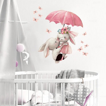 Карикатура Розов чадър Пеперуда Влюбено зайче Стикери за стена за детска стая Бебешки стикери за стена за детска стая за стая за момиче Baby Shower PVC