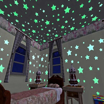 100 бр. Светещи 3D звезди, светещи в тъмното, стикери за стена за деца, бебешки стаи, спалня, таван, домашен декор, флуоресцентни стикери със звезди