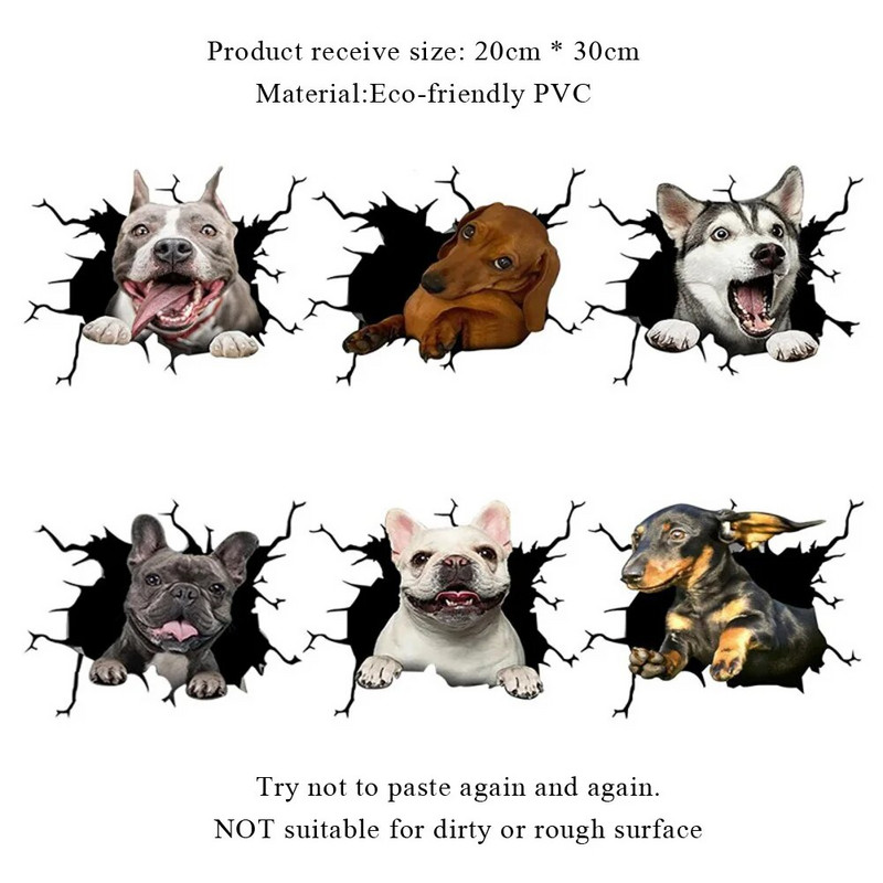 Αδιάβροχα αυτοκόλλητα αυτοκινήτου Χαριτωμένο κρακ σκύλος αυτοκόλλητο τοίχου Γυάλινη πόρτα στο σπίτι Διακόσμηση κινουμένων σχεδίων Ζώα Ταπετσαρία αφαιρούμενη αφίσα
