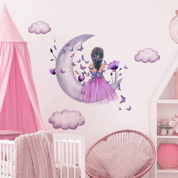 Акварел Принцеса на луната Стикери за стена за стая за момичета Пеперуда Цветя Стикери за стена Декорация на спалня Стикери за стена за бебешка стая