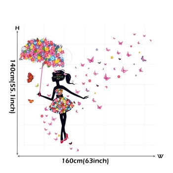 Карикатура Пеперуда Фея Флорално момиче с чадър Стикери за стена за момиче Спалня Детска стая Стикери за стена Цветни цветя PVC