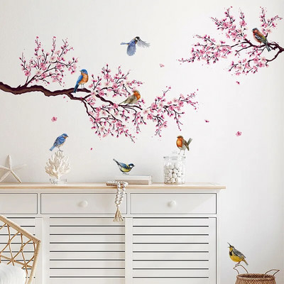 Pink Peach Blossom Flowers Branch Birds Floral Стикери за стена за спалня Мебели за всекидневна Фон Стикери за стена Стенописи pvc