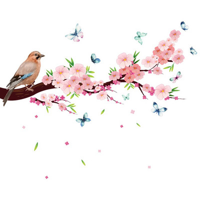 Rozā persiku ziedu ziedi, zari, putni, ziedu sienu uzlīmes guļamistabas viesistabas mēbelēm fona sienu uzlīmes, sienas gleznojumi pvc