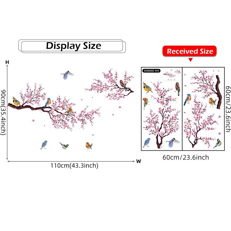 Rozā persiku ziedu ziedi, zari, putni, ziedu sienu uzlīmes guļamistabas viesistabas mēbelēm fona sienu uzlīmes, sienas gleznojumi pvc