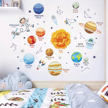 Карикатура Слънчева система Космическа планета Слънце Земя Луна Стикери за стена за детска стая Спалня Читалня Стикери за стена Училищна детска стая