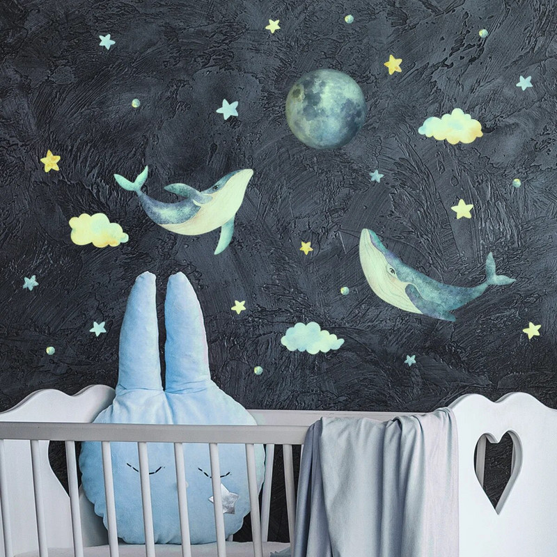 Karikatūra Vaļa Gaismas Sienas Uzlīmes Mājas dekors Mirdz tumsā Zemūdens Pasaule Uzlīmes Bērnu istabas dekorācijas Tapetes