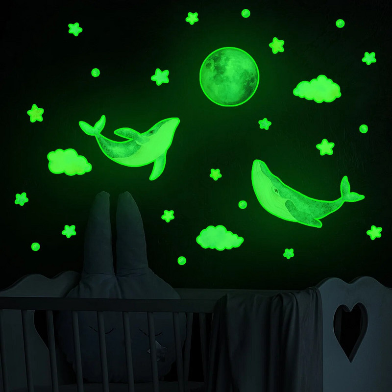 Karikatūra Vaļa Gaismas Sienas Uzlīmes Mājas dekors Mirdz tumsā Zemūdens Pasaule Uzlīmes Bērnu istabas dekorācijas Tapetes