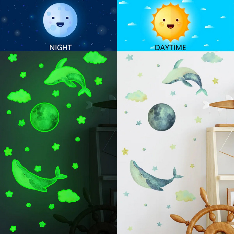 Karikatūra Vaļa Gaismas Sienas Uzlīmes Mājas dekors Mirdz tumsā Zemūdens Pasaule Uzlīmes Bērnu istabas dekorācijas Tapetes
