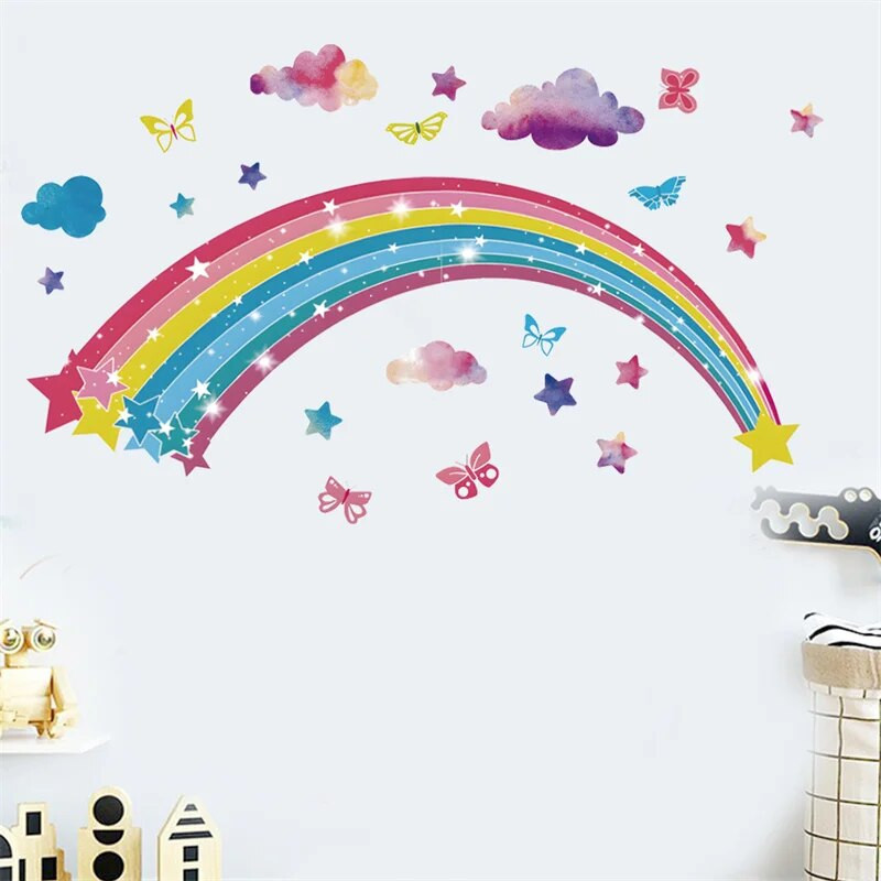 Varavīksnes sienas uzlīmes PVC Butterfly Star Vinila sienas uzlīme bērniem meiteņu istabas istabas dekors pegatinas de pared