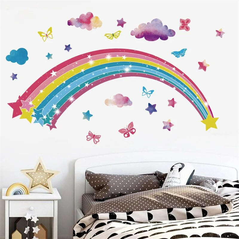 Varavīksnes sienas uzlīmes PVC Butterfly Star Vinila sienas uzlīme bērniem meiteņu istabas istabas dekors pegatinas de pared