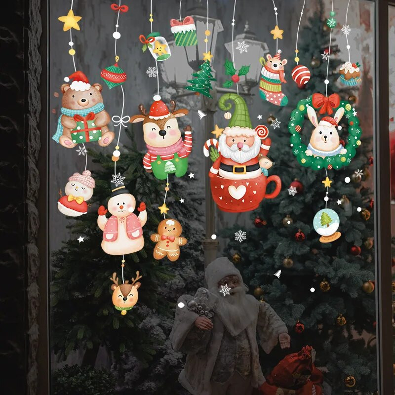 Animacinis kalėdinis lango lipdukas Noelis Stiklo sienų dekoras Kalėdų Senelio vainikas Snaigė Statinė elektra Linksmų Kalėdų 2023 m.