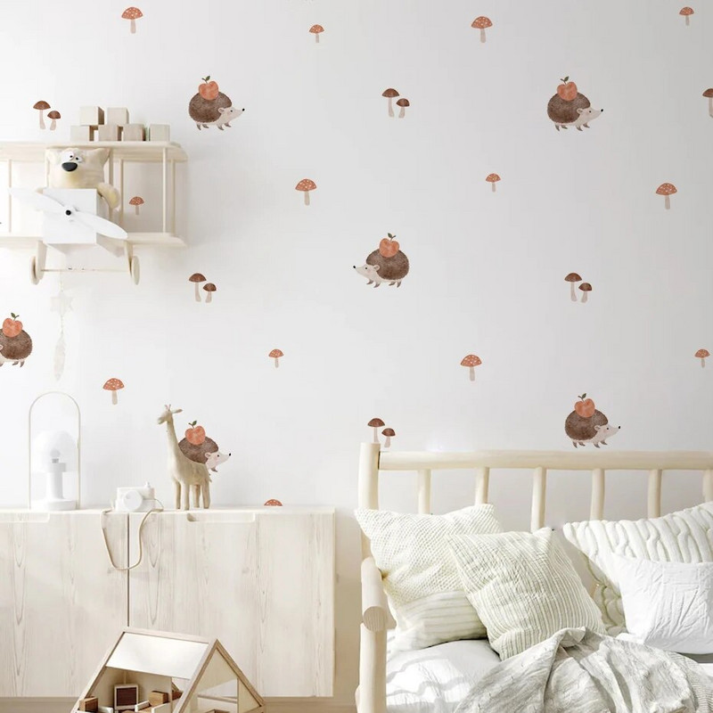 Boho akvarelis jauks ezis dzīvnieki, sēnes, sienas uzlīmes bērnu istabai bērnu istabai, sienas uzlīmes mājas dekorēšanai