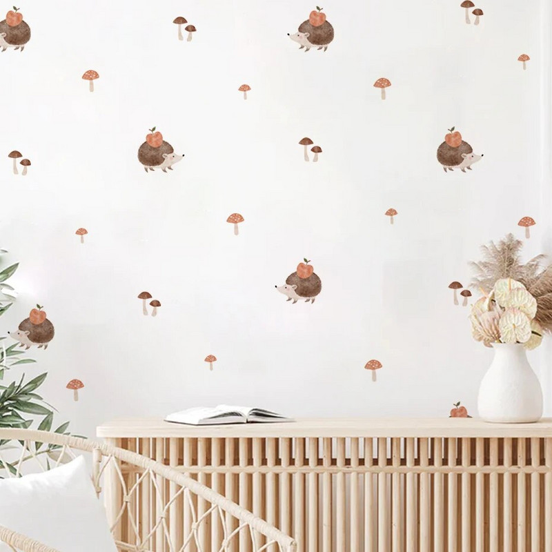 Boho akvarelis jauks ezis dzīvnieki, sēnes, sienas uzlīmes bērnu istabai bērnu istabai, sienas uzlīmes mājas dekorēšanai